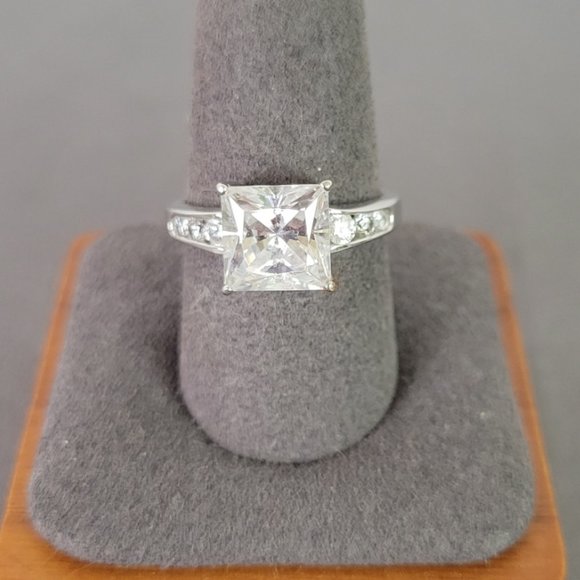 Jewelry - Sparkling Silver 4ct Princess Cut w/ Round Side Stones CZ Engagement Ring, Sz 9